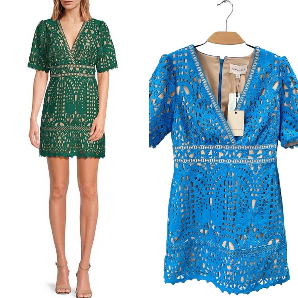 NEW Adelyn Rae Dana Sea Blue Guipure Lace Mini Dress Size M
